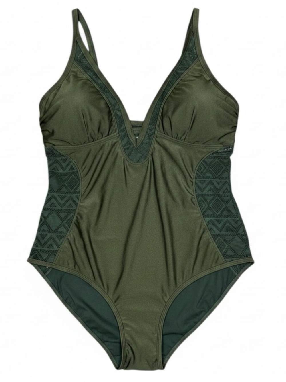 Yacht & Smith Plus Size 1X Olive Green Deep Plunge‎ Lace Sexy Swimsuit New